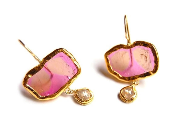 Oorhangers roze tourmalijnplakjes en diamant